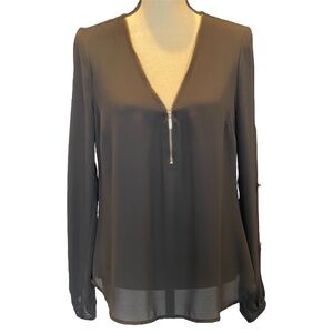 NWT Guess Gold Zipper V Neck Flirty Slit Sleeve Feminine Sheer Black Blouse, M